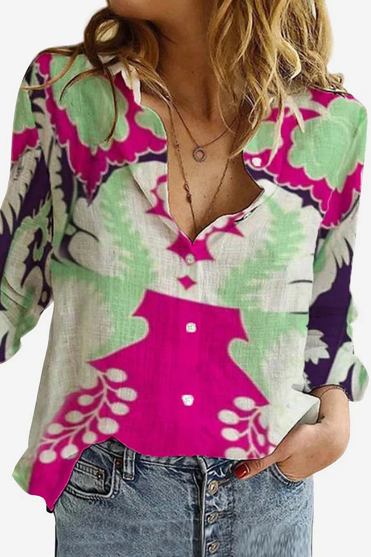 Casual Button Up Floral Butterfly Map Print Long Sleeve Linen Blouse