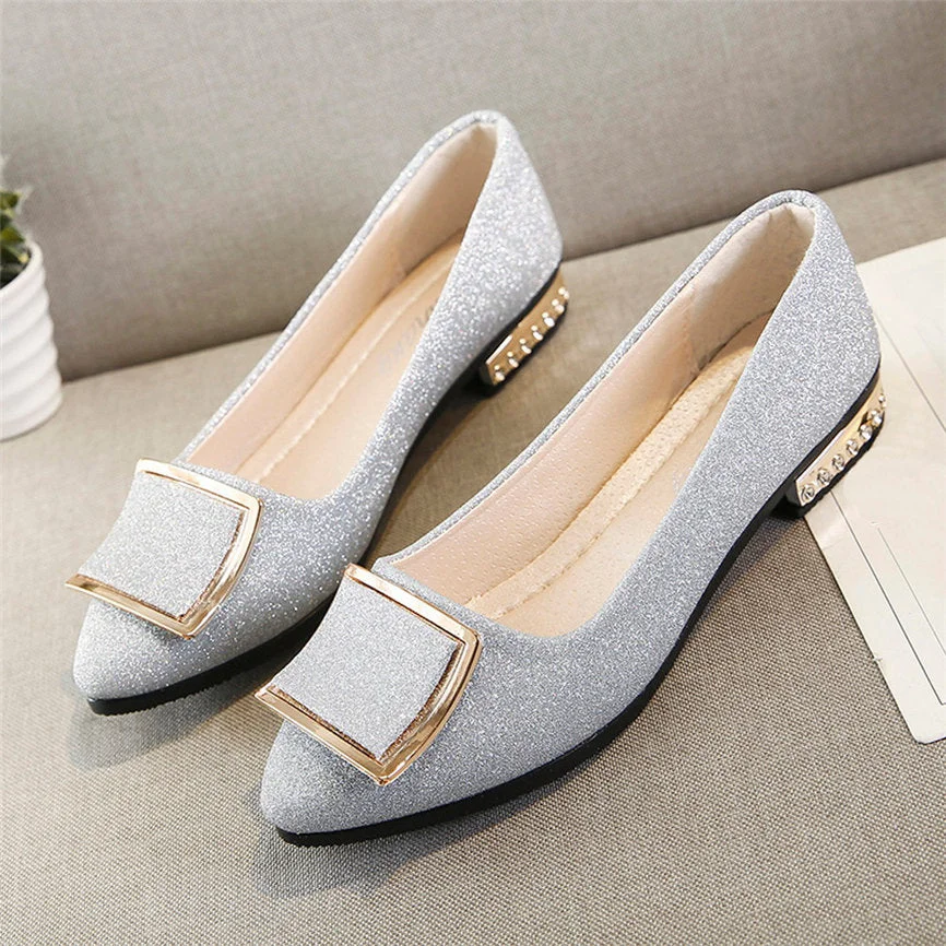 Shoes Women  Women Sequins Shallow Square Buckle Slip On Low Heel Shoes Pointed Single Shoes Lady leather Thick  Single ShoeA#18
