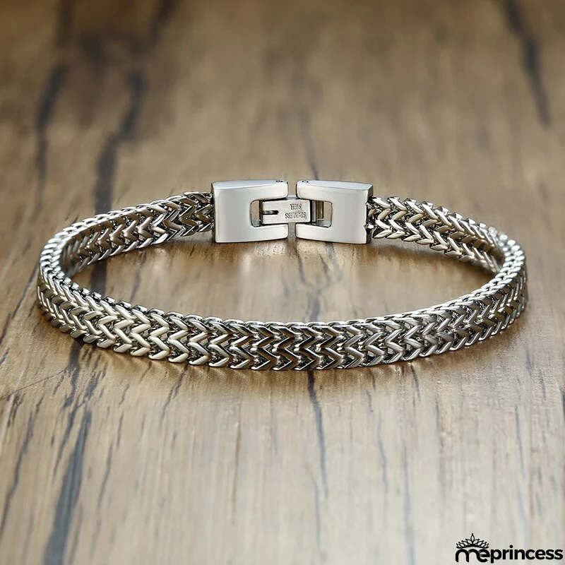 Men's Stainless Steel Fold Over Clasp Link Chain Round Bracelet