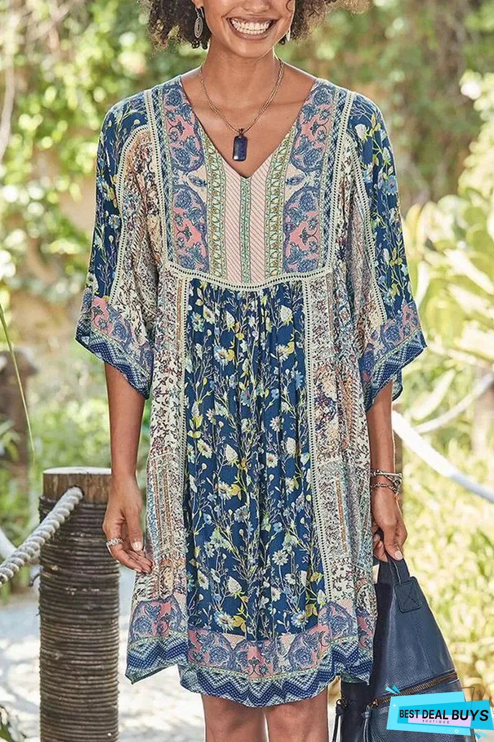 Bohemian Floral Print V-neck Half Sleeves Holiday Midi Dress