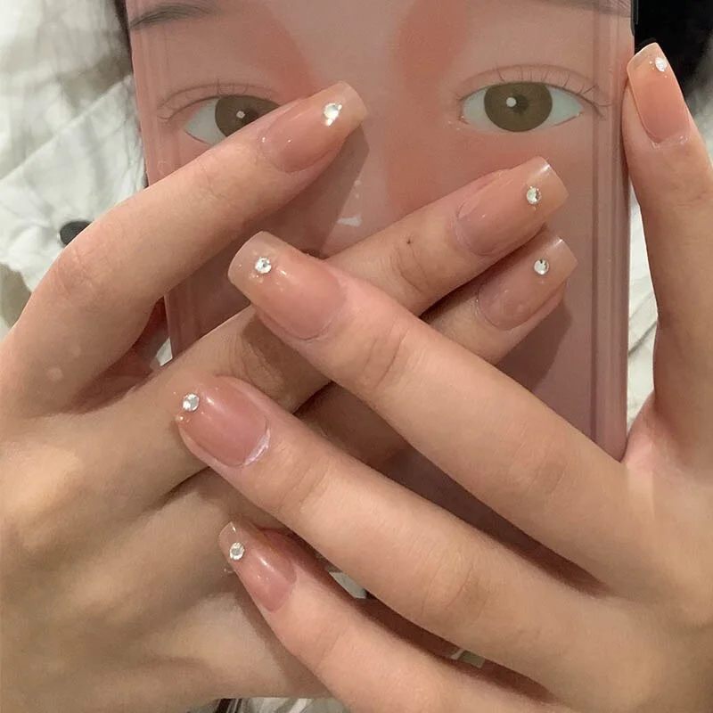 24pcs/set Light Grey Rhinestone Short Size Design Artificial Nail DIY Fashion false nails with glue fake nails press on for girl-Nail Inspo