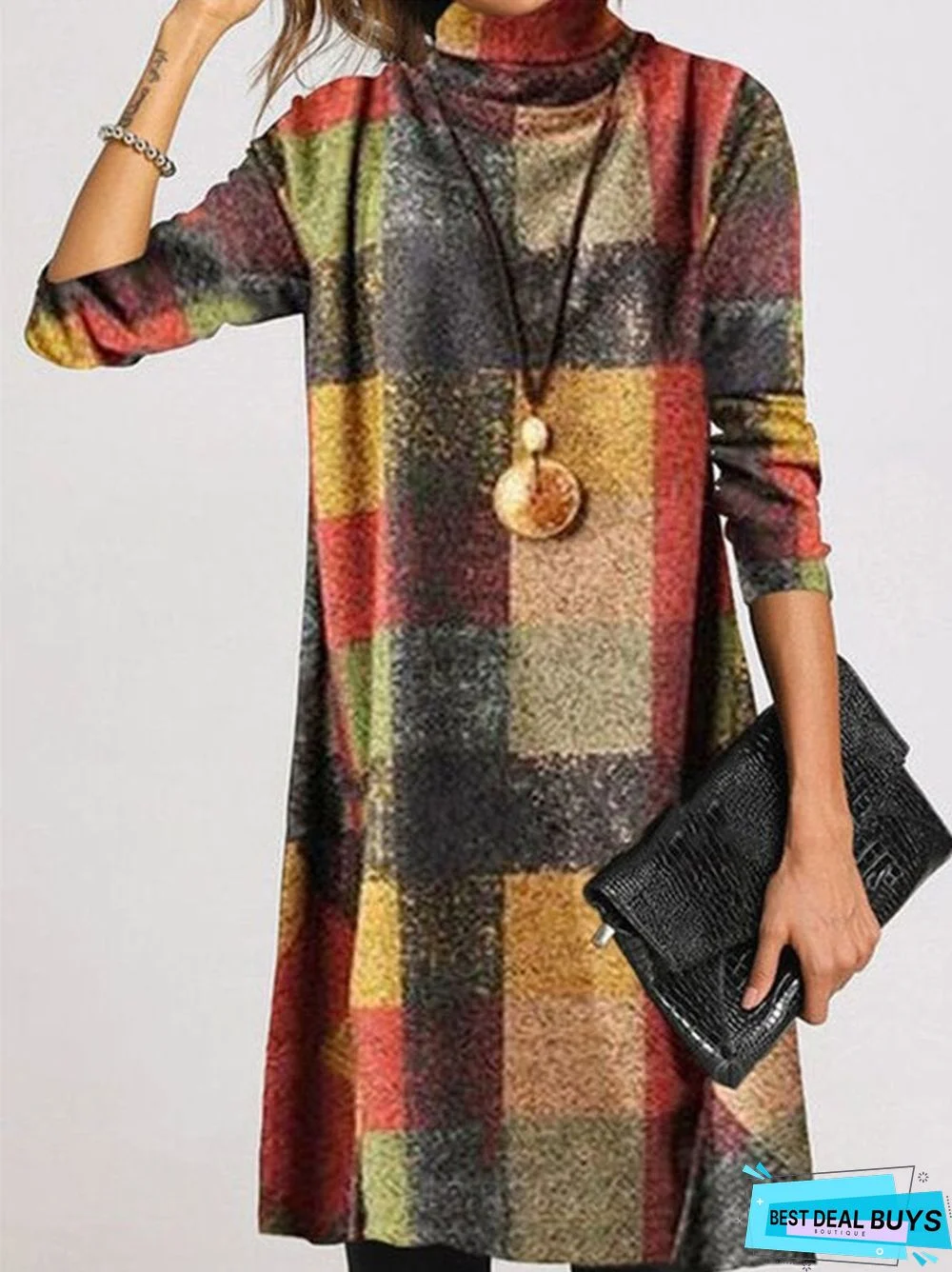 Vintage Plaid Long Sleeve Turtleneck Plus Size Casual Dresses