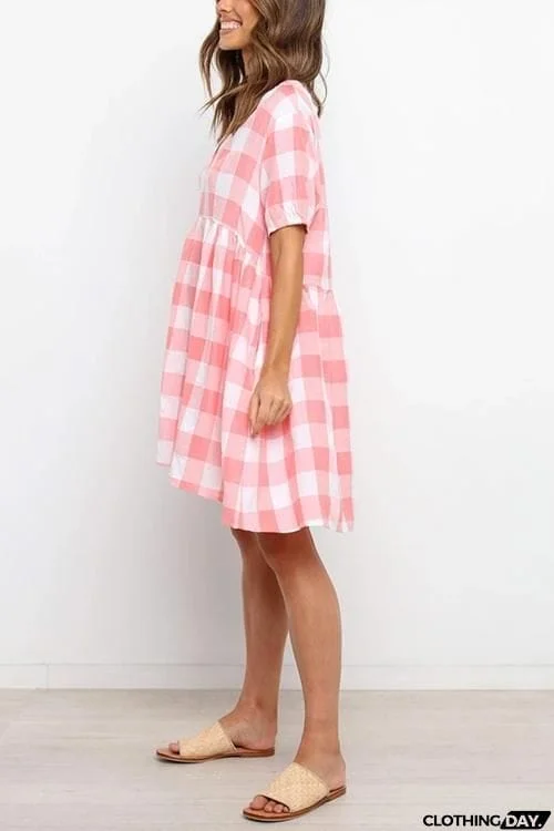 Plaid Pockets V Neck Mini Dress