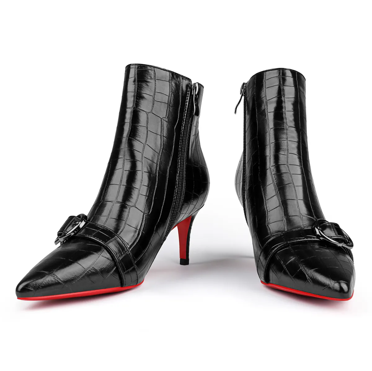 60mm Women's Pointed Toe Croc Pattern Kitten Heel Single Strap Red Bottom Booties-vocosishoes