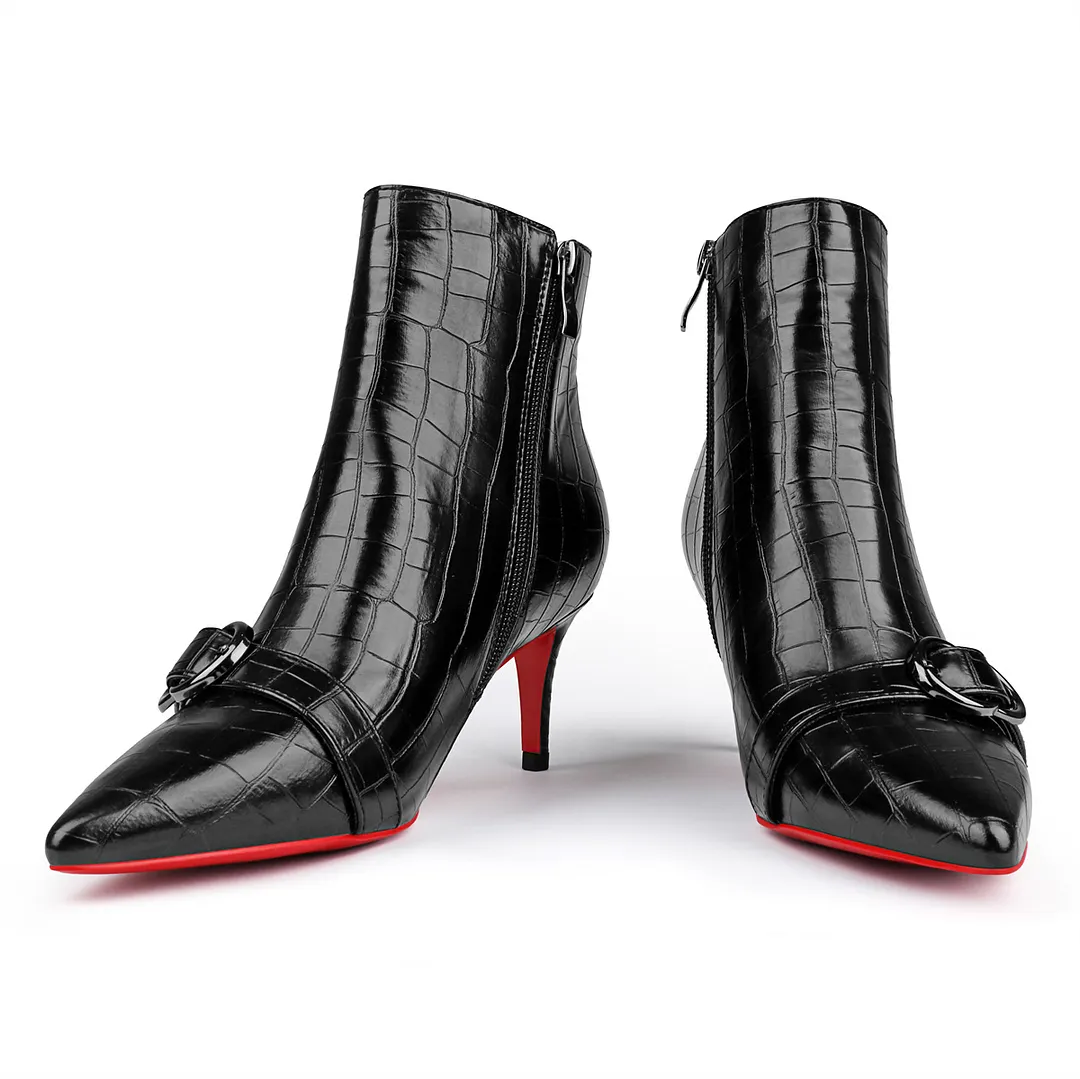 60mm Women's Pointed Toe Croc Pattern Kitten Heel Single Strap Red Bottom Booties-vocosishoes