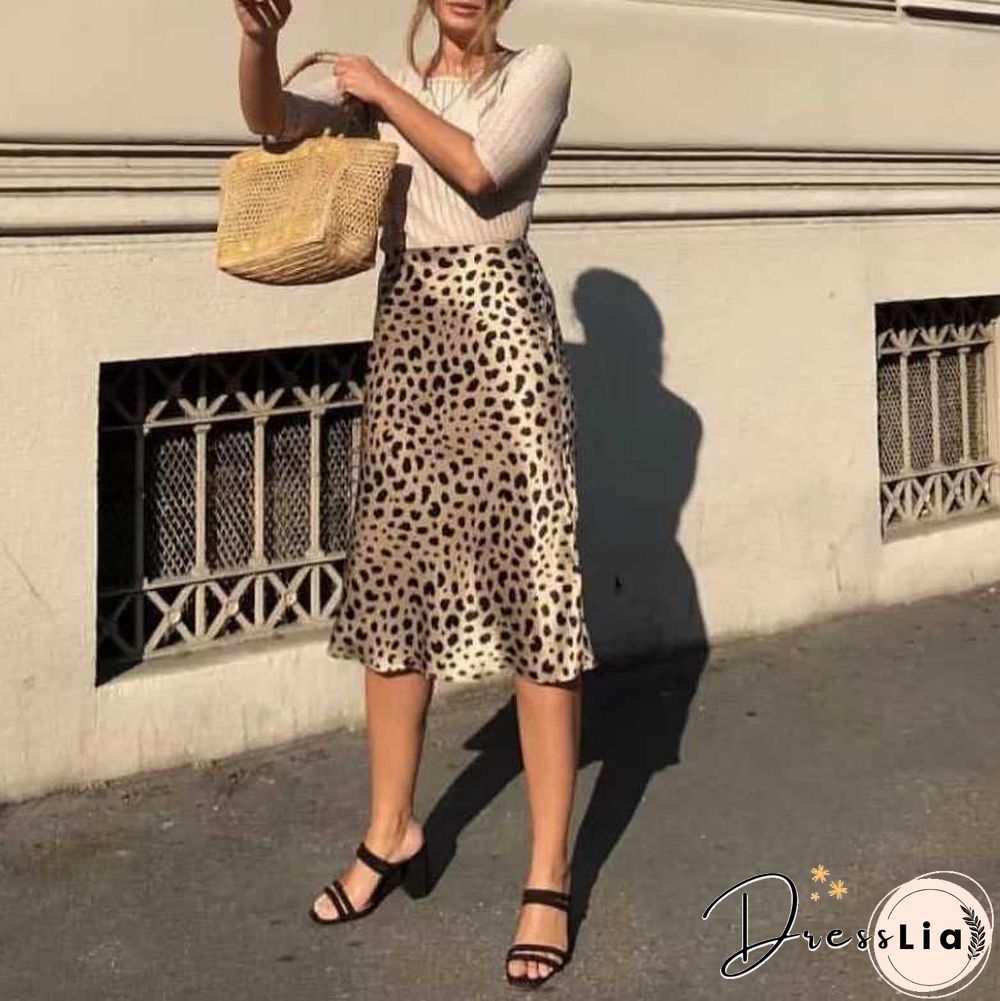 Retro Elastic Band High Waisted Leopard Print Satin Midi Skirt