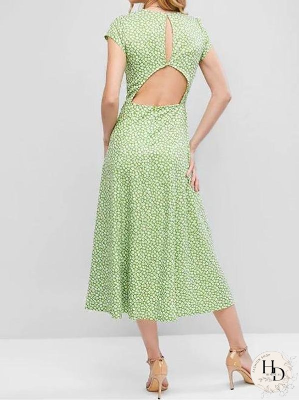 Cut Out Back Ditsy Floral Slit Midi Dress for Women