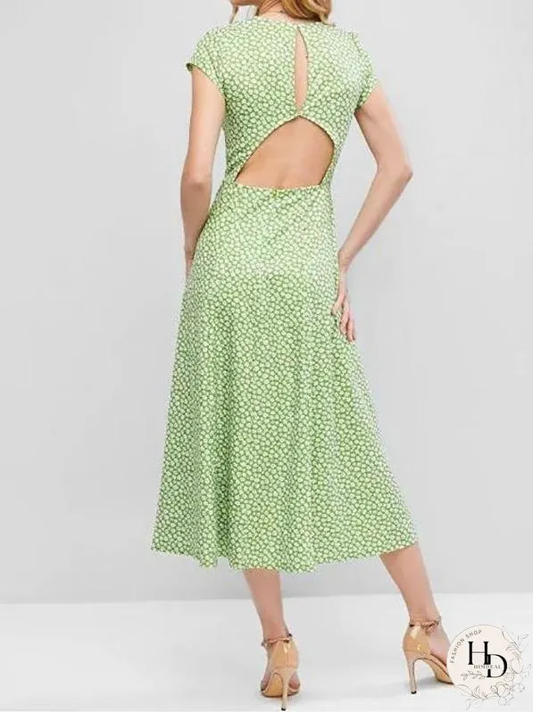 Cut Out Back Ditsy Floral Slit Midi Dress for Women