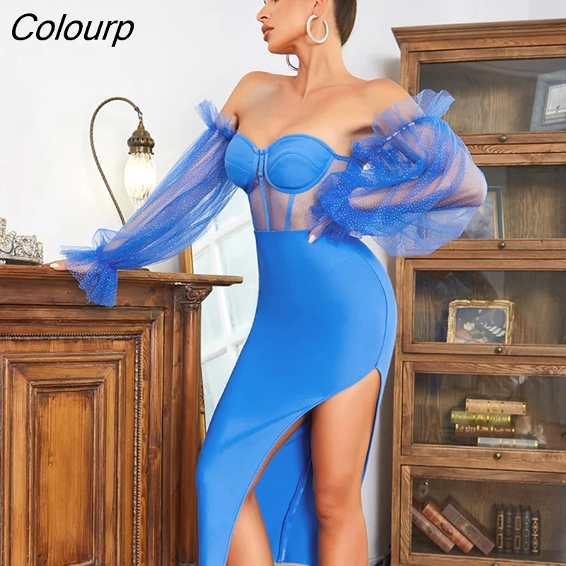 Colourp Quality Blue Color Women Long Sleeve Sexy Off the Shoulder Bodycon Mid-calf Dress Rayon Bandage Nightclub Party Wear