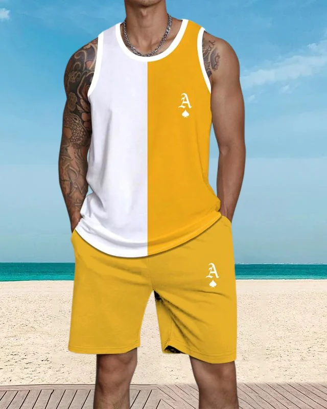 Men's casual vacation color block printed vest Set 047