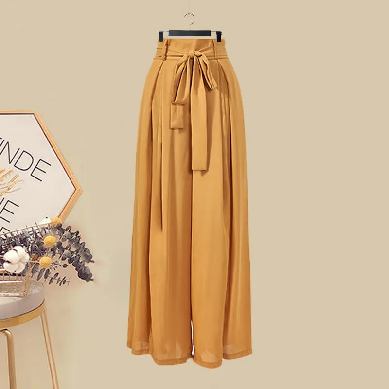 Pure Color V-neck Knit Vest Shirt Lace Up Wide Leg Pants