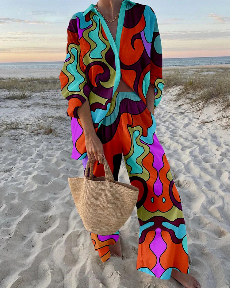 Multicolor Print Shirt & Pants Two-Piece Set
