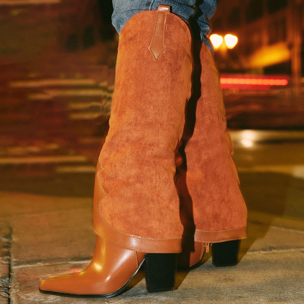 Stylish Brown Pointed Toe Fold Over Western Knee High Heeled Boots Nicepairs