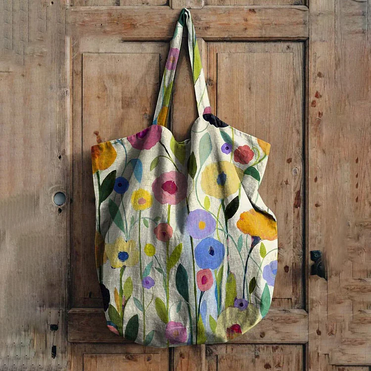 Comstylish Oil Painting Spring Field Art Printed Linen Tote Bag