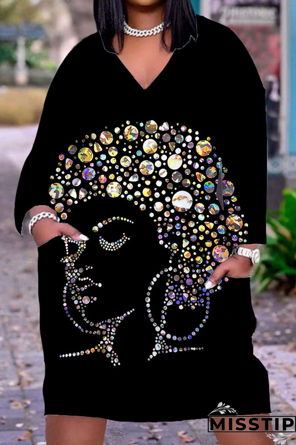 Gray Cyan Casual Print Patchwork V Neck Straight Dresses