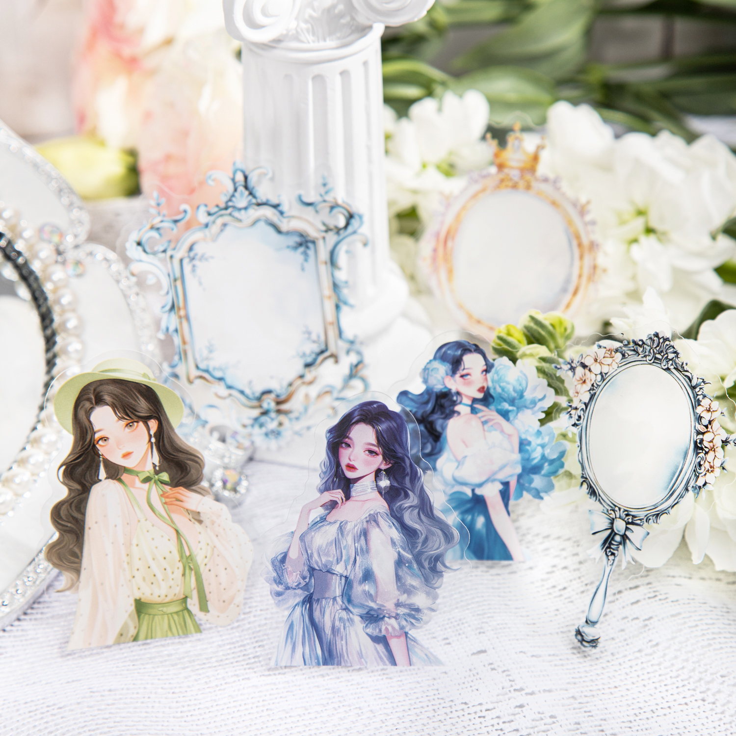 PET 스티커 - 모닝라이트 메이크업 시리즈 빈티지 캐릭터 꽃 거울 조경