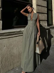 Bokeni Sexy Solid Sleeveless Women Zipper Long Pleated Dress Fashion V-neck Zipper Slim Sleeveless Dresses 2025 Summer Office Lady Robe
