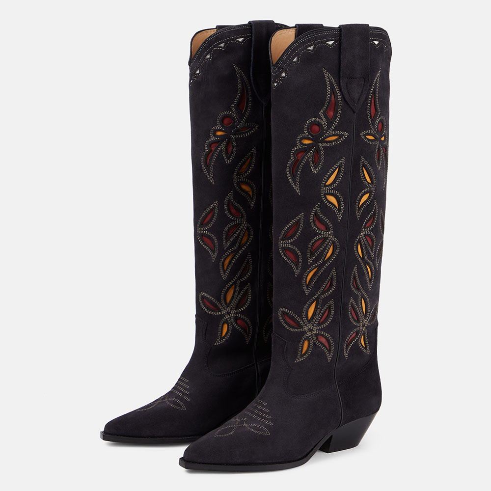 Black Vegan Suede Cutout Embroidered Knee High Cowboy Boots for Women