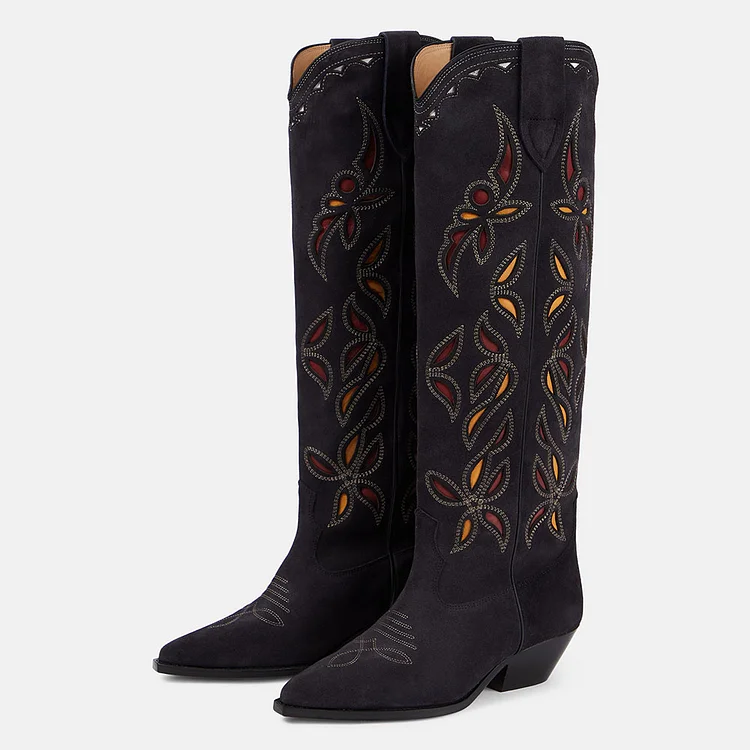 Black Vegan Suede Cutout Embroidered Knee High Cowboy Boots for Women |FSJ Shoes