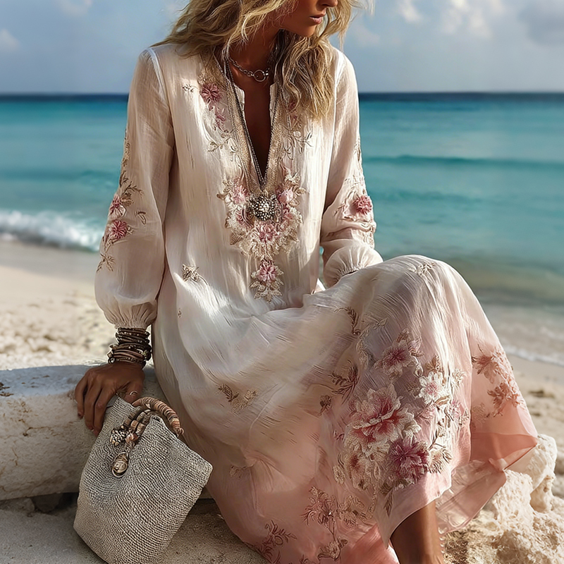 Japanese Plum Blossom Art Embroidered Casual Linen V Neck Maxi Dress elevenforest