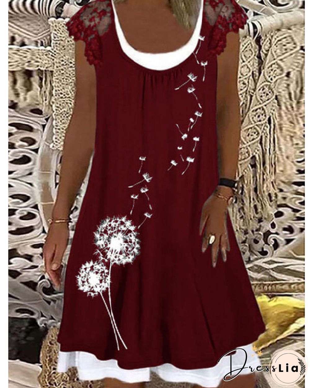 Fake Two Piece Printed Crew Neck Lace Dress