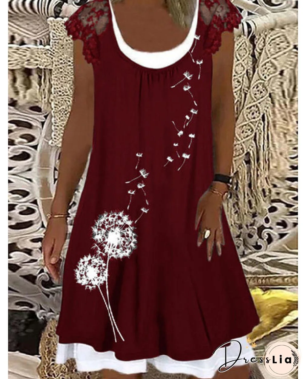 Fake Two Piece Printed Crew Neck Lace Dress