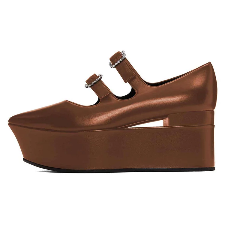 Brown Mary Jane Buckles Platform Heel Pumps |FSJ Shoes