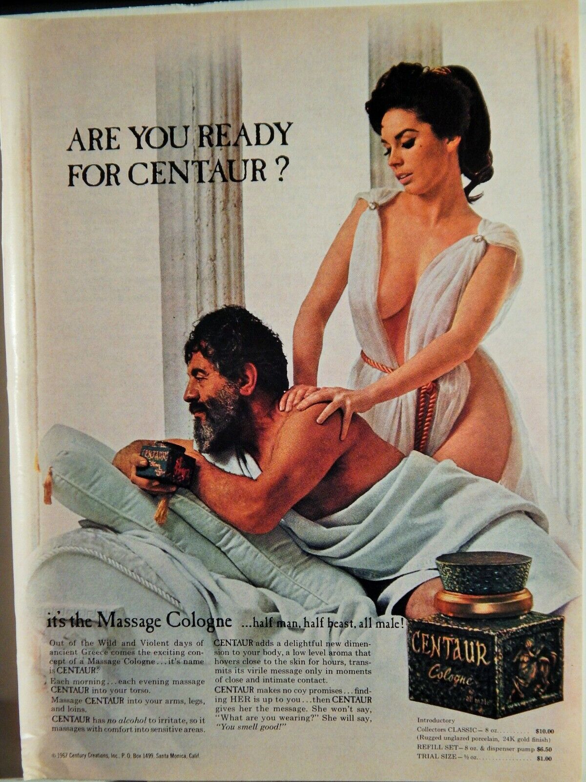 CENTAUR MASSAGE COLOGNE ORIG. VTG 1967 Photo Poster painting AD,