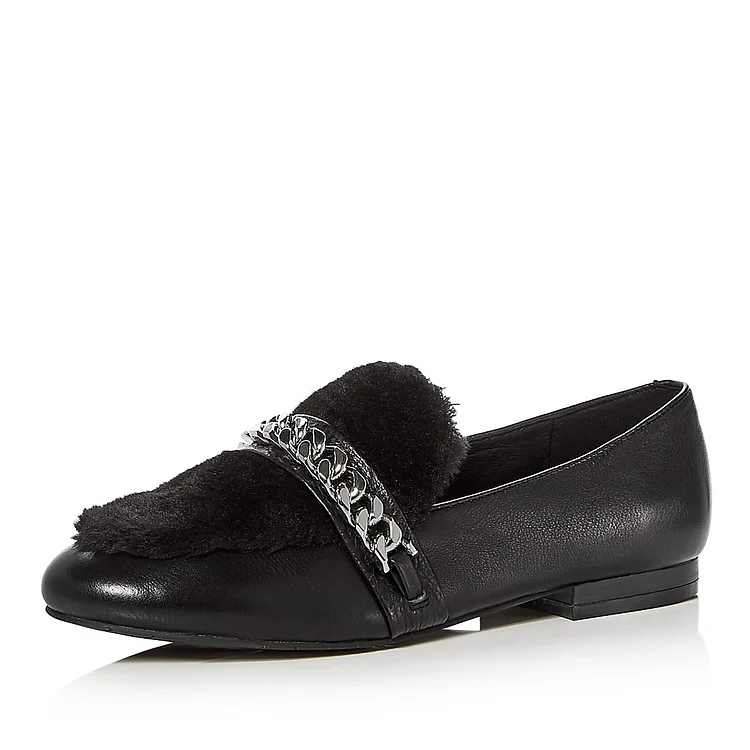 Black Round Toe Fur Flats Loafers for Women Office Shoes with Chain |FSJ Shoes