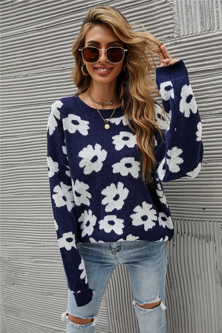Casual Round Neck Long Sleeve Floral Sweater