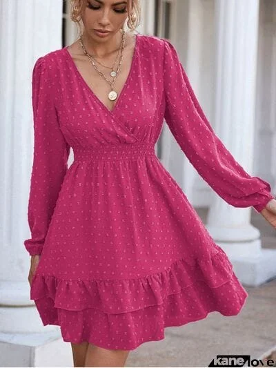 Swiss Dot Surplice Smocked Ruffle Hem Dress