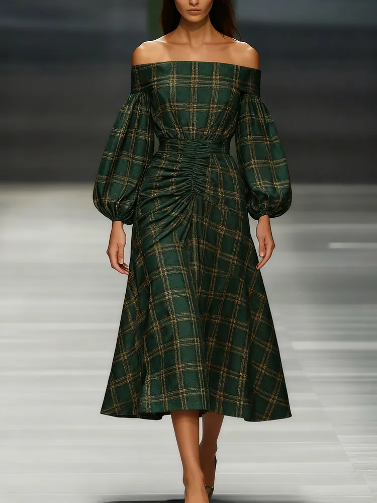 Women's off-the-shoulder long-sleeved green chiffon dress