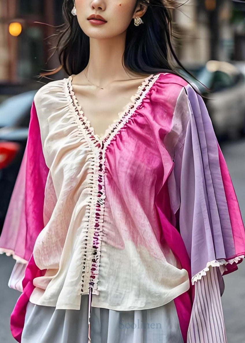 VCSHOES Colorblock V Neck Patchwork Cotton Tops Summer