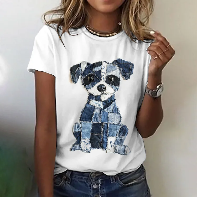 Utbros Women's Cute Puppy Denim Patchwork Print Casual T-shirt