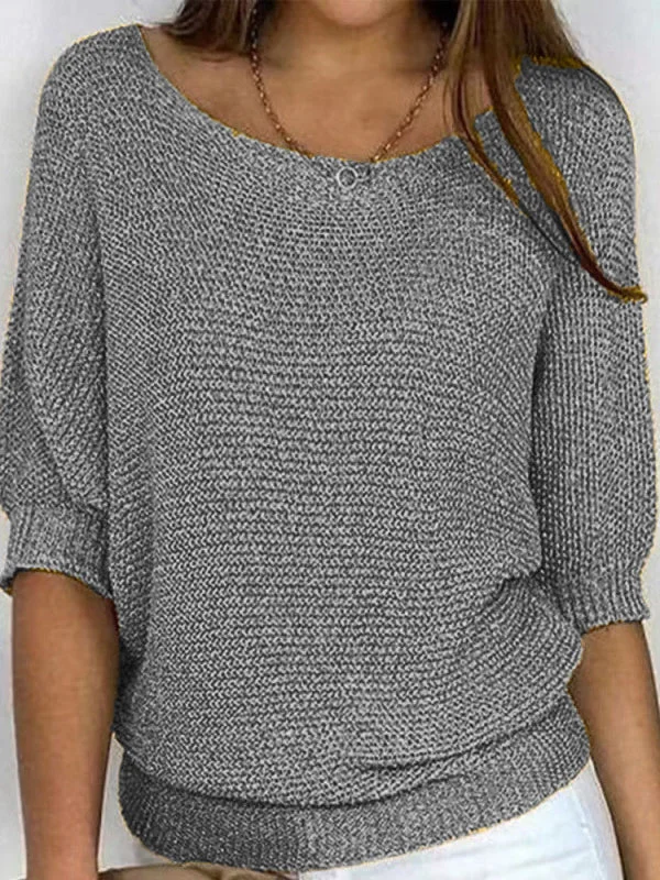 Solid Color Crew Neck Sweater For Women Elegant 3/4 Bat Sleeve Top