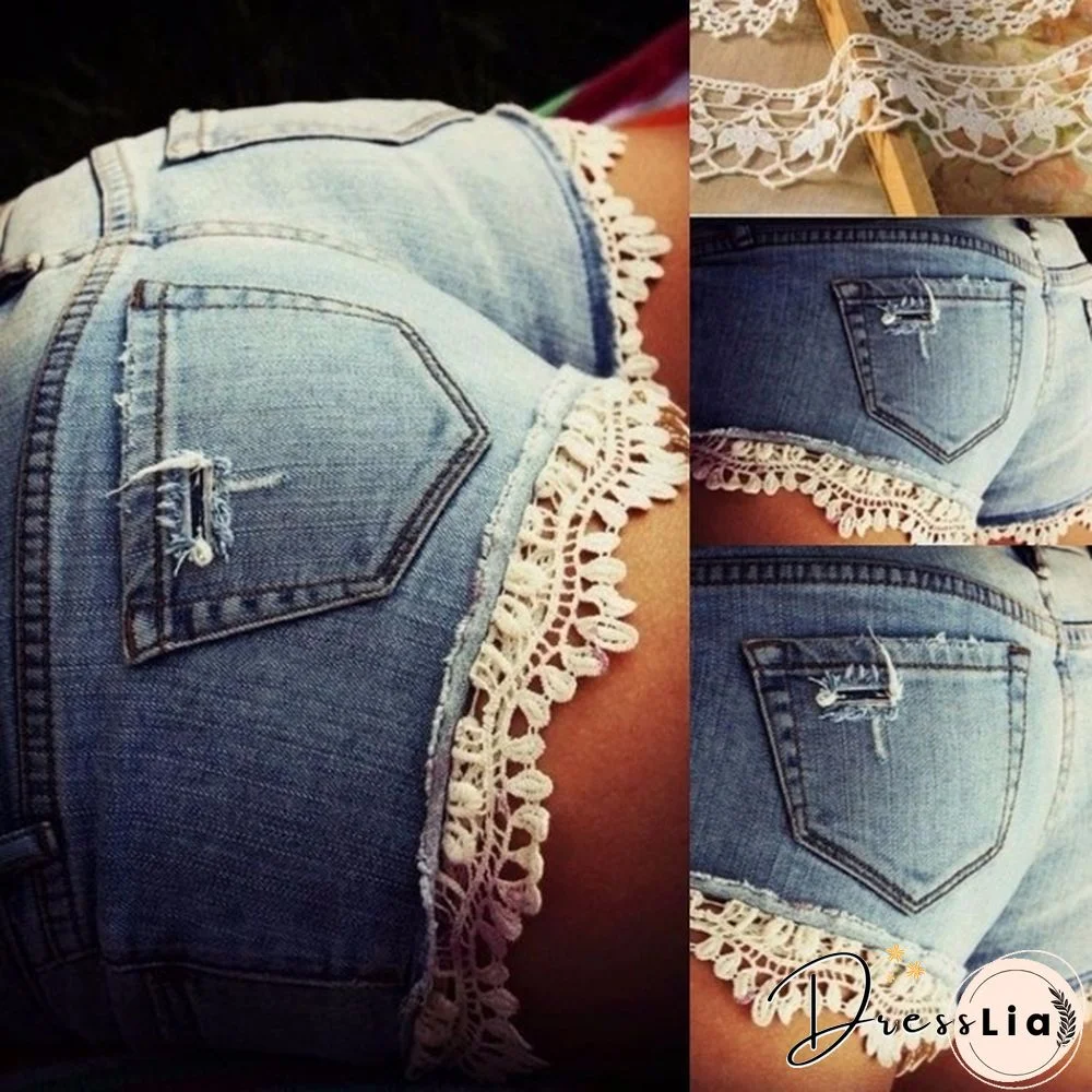 Women Sexy Pachwork Denim Shorts Lace Trouser