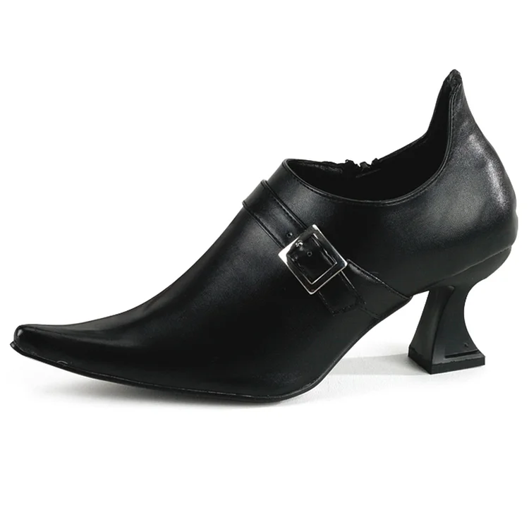 Women's Black Buckle Witch Costumes Halloween Spool Heels Pumps |FSJ Shoes