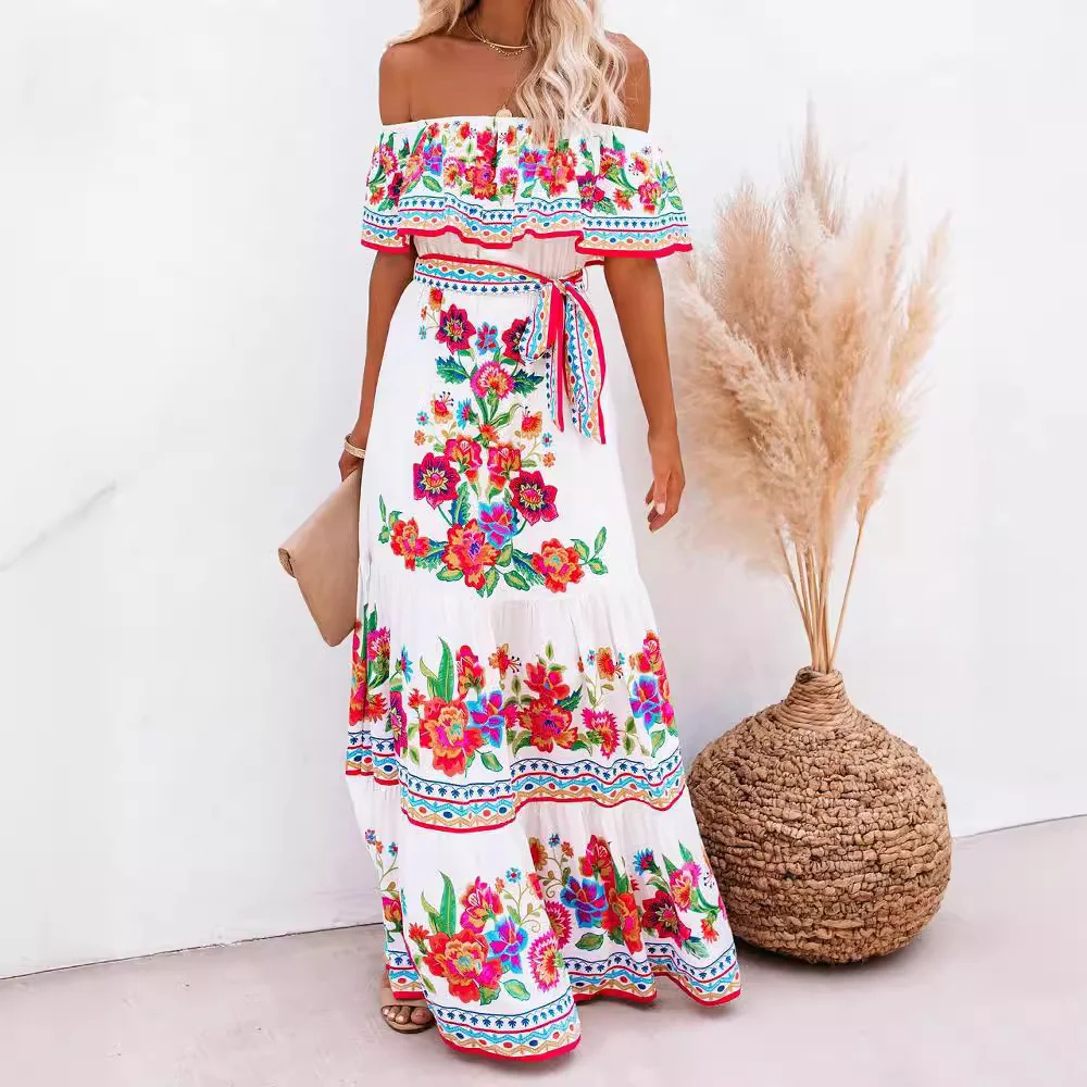 Uveng Uveng And Summer 2025 New Shoulder-To-Shoulder Red Flower Printing Long Dress