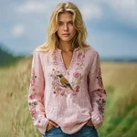 Women's Retro Pink Floral And Birds Pattern Linen V-neck Shirt - Image 2