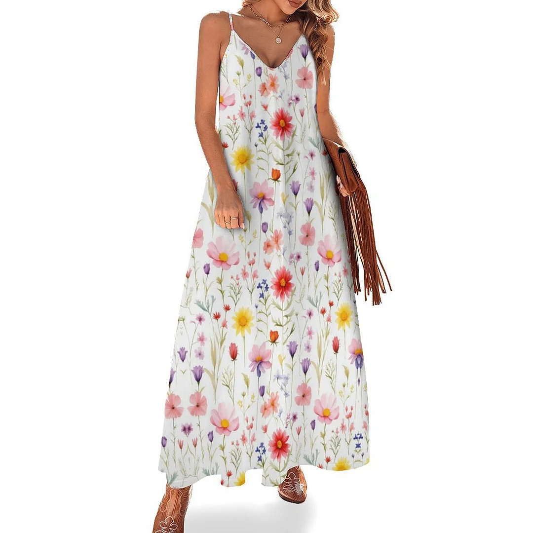 Style & Comfort for Mature Women Plus Size Printed Sling Casual Women Maxi Dress in Pattern Floral, Red, Pink, Colorful