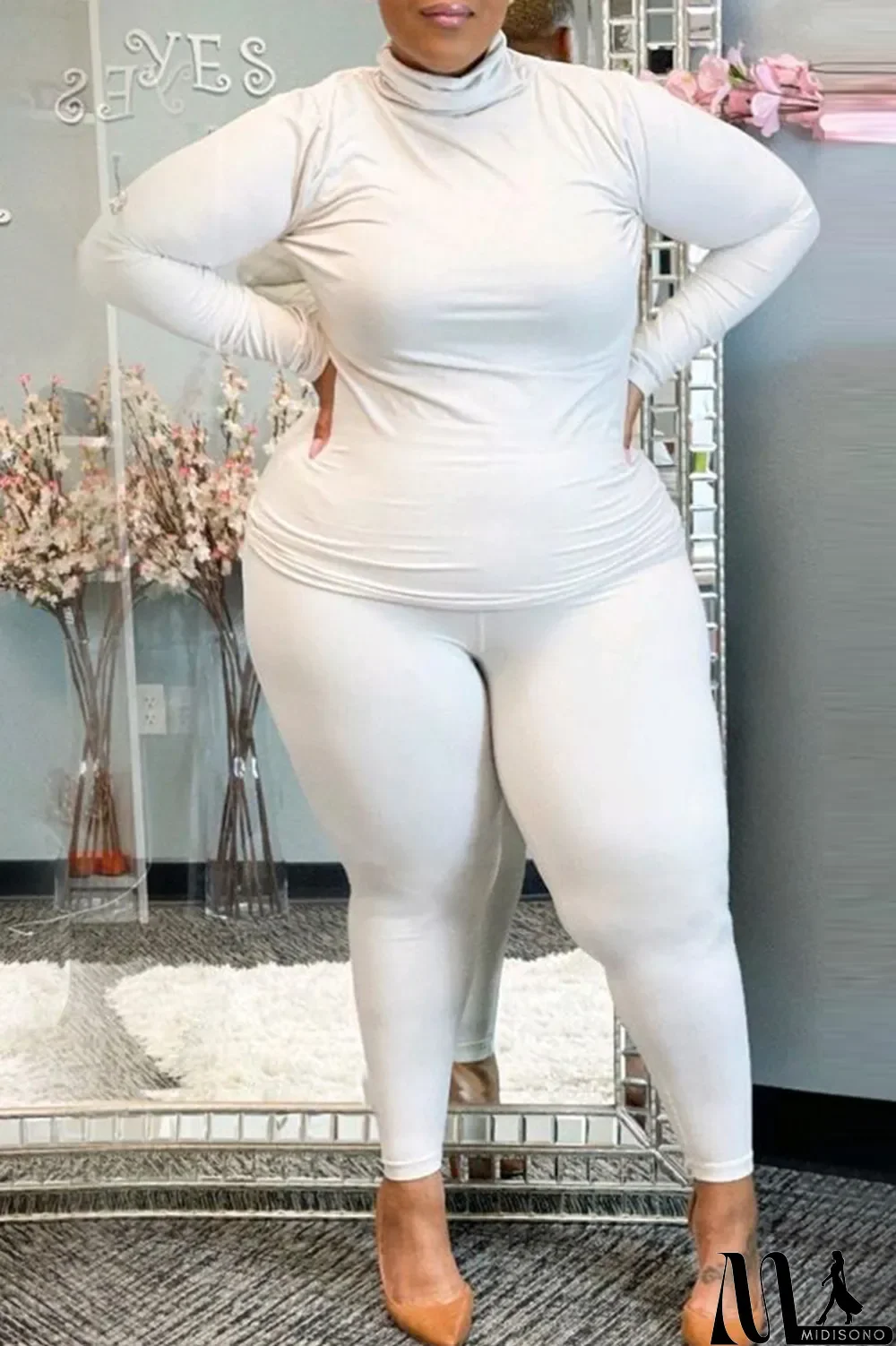 MidiSono - White Fashion Casual Solid Basic Turtleneck Plus Size Two Pieces (Without Belt)