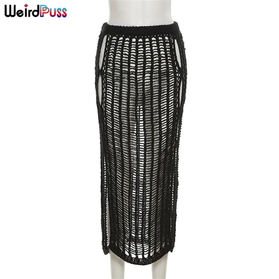 Weird Puss Summer Knitting Sexy Long Skirt Women Elastic See-Through Hollow Out Grid Party Streetwear Bottom Solid Color Outfits