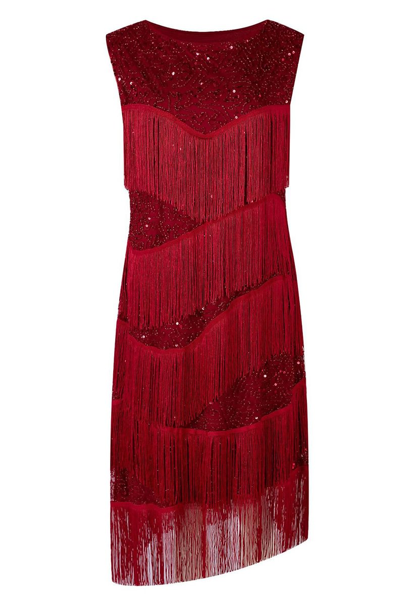 1920s Party Red Sequin Fringe Beads Round Neck Sleeveless Midi Dress
