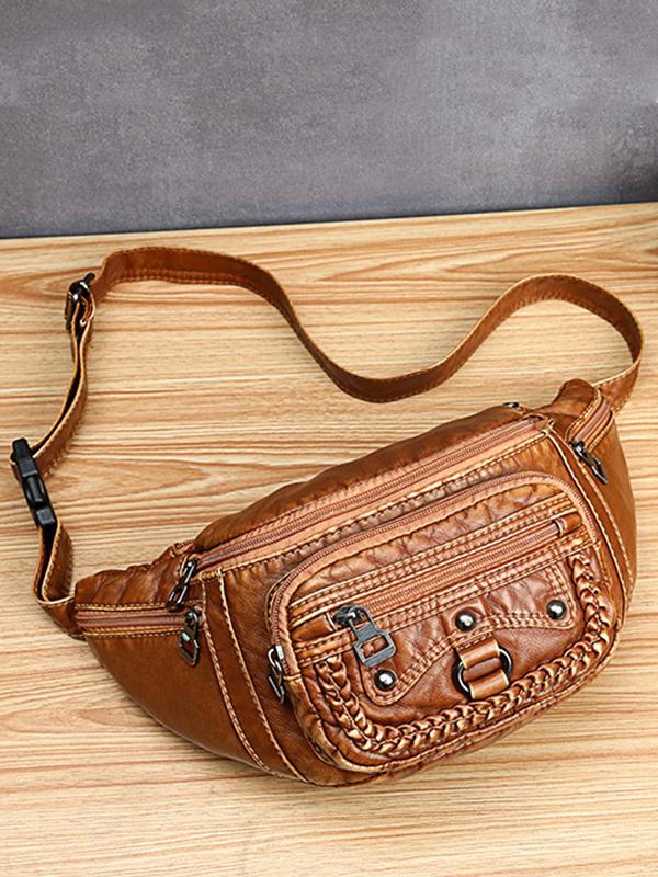Vintage Studded Washed Leather Functional Bag
