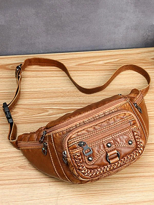 Vintage Studded Washed Leather Functional Bag