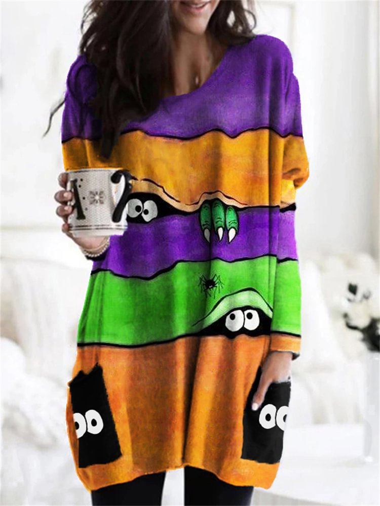 Vefave Halloween Lovely Monster Colorblock Patch Pocket Tunic