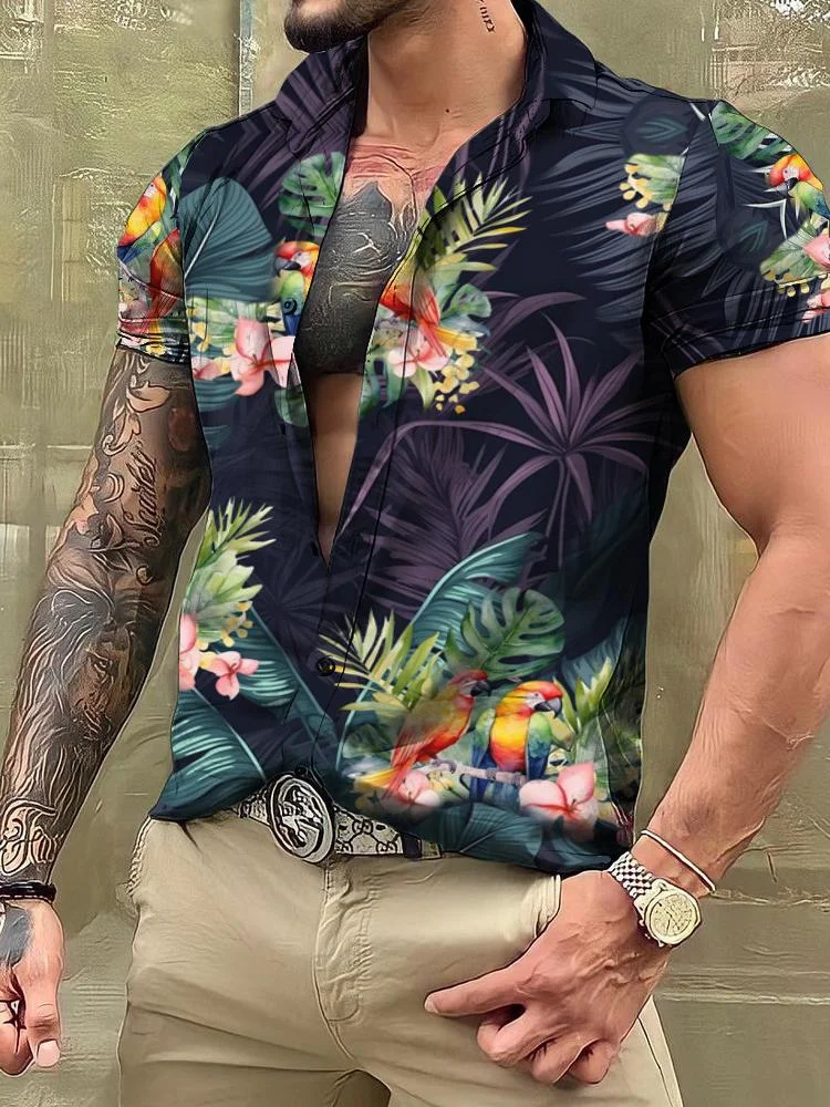 Casual Loose Hawaiian Print Men's Shirt at Hiphopee