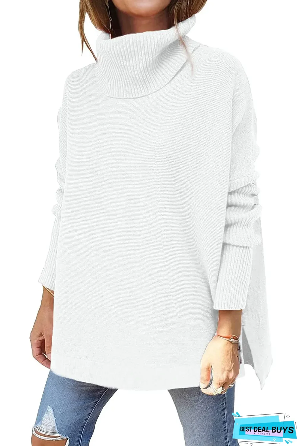 High Neck Bat Wing Sleeve Split Hem Waistband Pullover Sweater