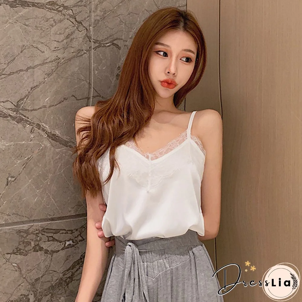 Summer With Lace Silk Top Cami For Women Spaghetti Strap Top Tank Ladies Tops White Camis Basic Tops Women Summer Fashion