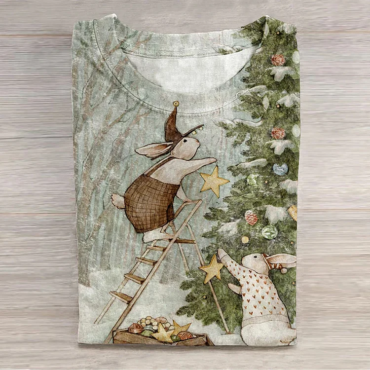VChics Women's Christmas Bunny Print T-Shirt